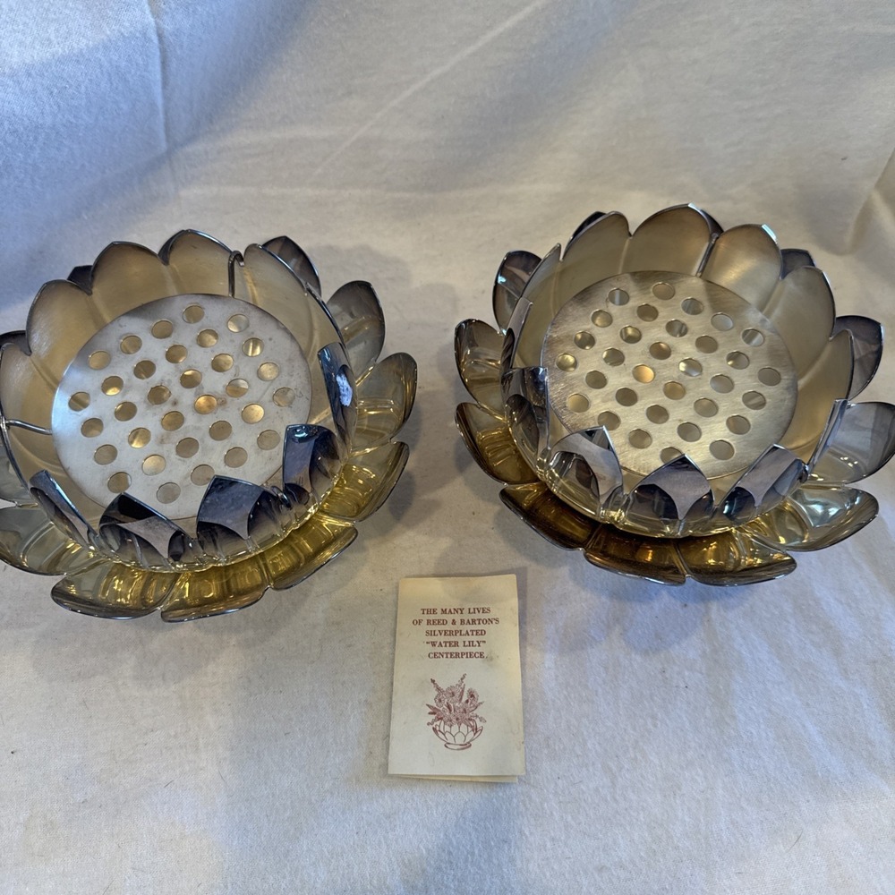 2 Reed & Barton 3002 Silver Plated Water Lily Lotus Flower Frog Bowl 3pc Set